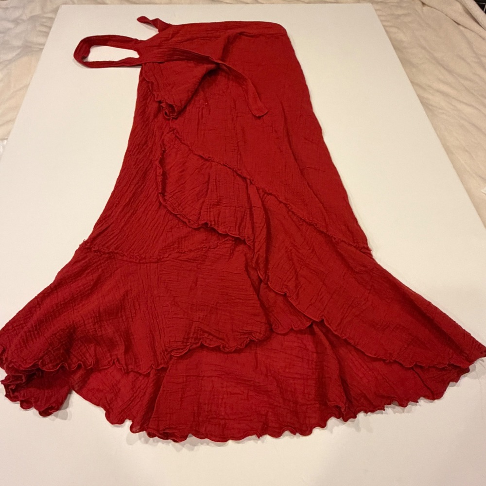 Red Wrap Maxi Skirt Tiered Ruffle Boho Romantic Prairie Festival Crinkle cotton